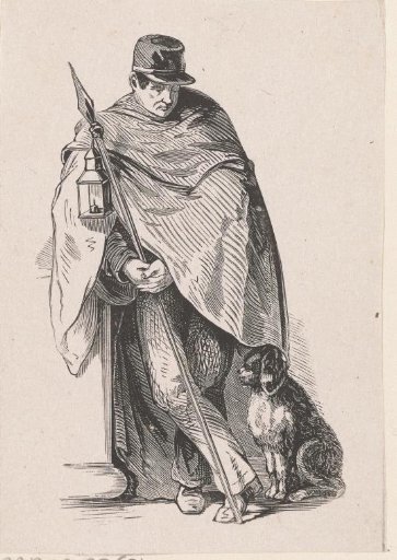 Standing man with a lantern and a dog