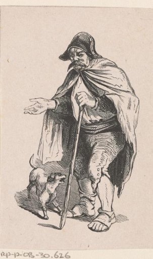 Standing man with a staff and a dog