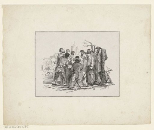 Ten men standing around a seated man