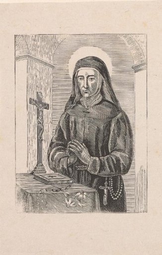 Saint with a crucifix, a bible and a flower