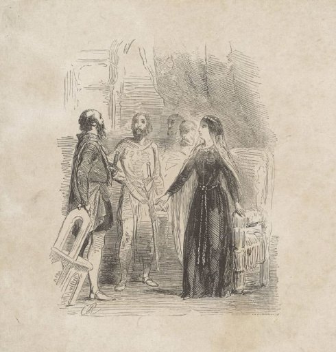 Two men with swords and a woman with a veil