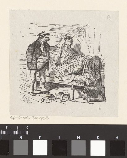 Man startled by a dog wearing clothes standing next to his bed