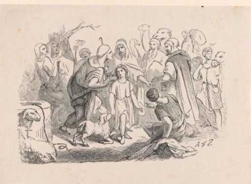 Group of shepherds with sheep and camels by a well