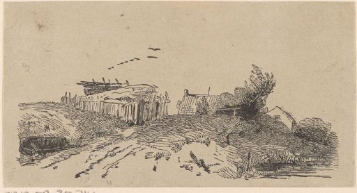 River landscape with a number of houses, two figures and a boat
