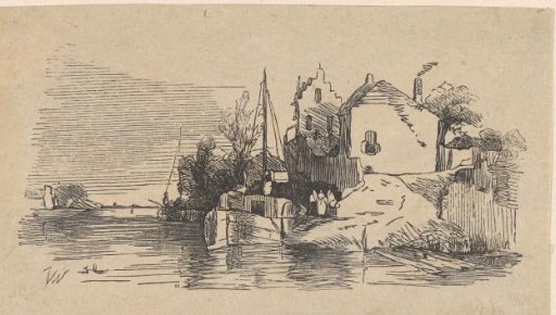 River landscape with a number of ships and houses on the water