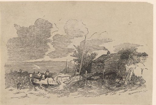 River landscape with three figures in a ship and a house on the water