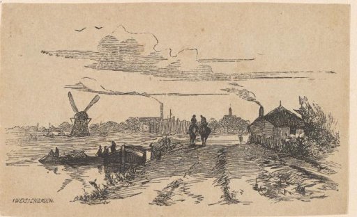 River landscape with two figures on a horse