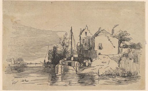 River landscape with several ships and houses on the water