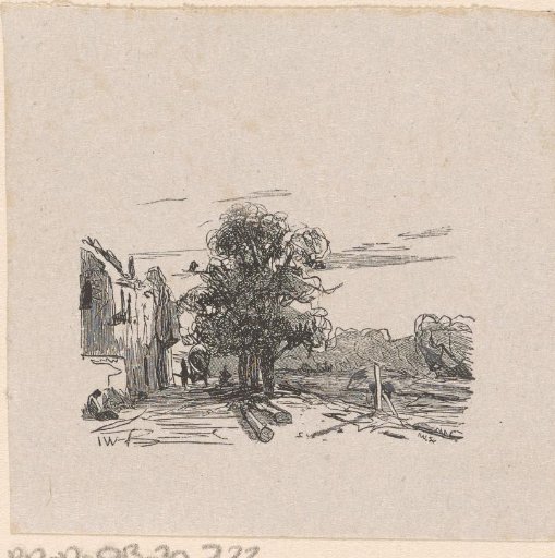 Landscape with a row of trees and houses