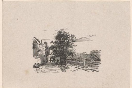 Landscape with a row of trees and houses