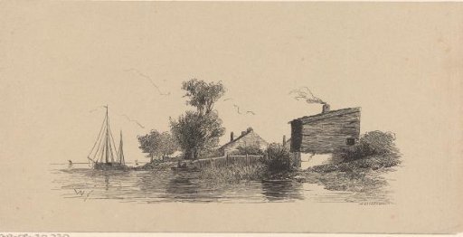 River landscape with several houses and ships