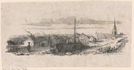 Ship on dry land near a city