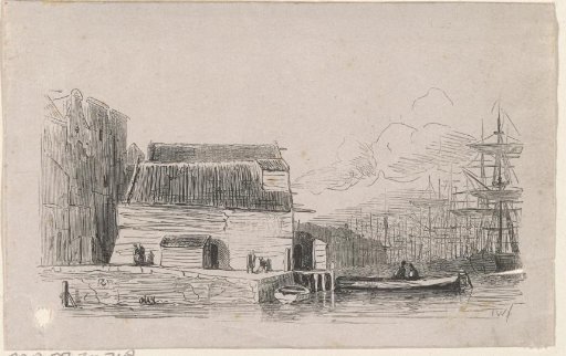 City view with houses on the water and ships