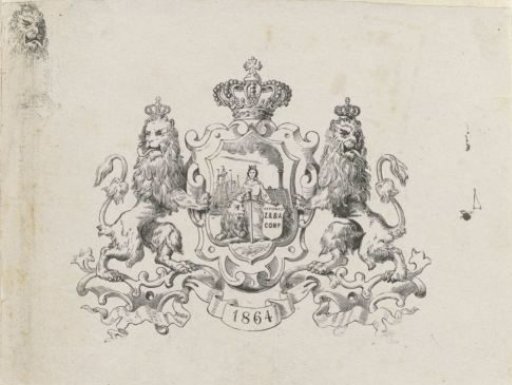 Dutch Maiden and the Dutch Lion in an ornate frame with a crown, two lions and the date '1864'