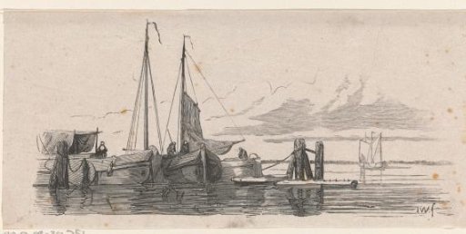Three beached ships with figures at work