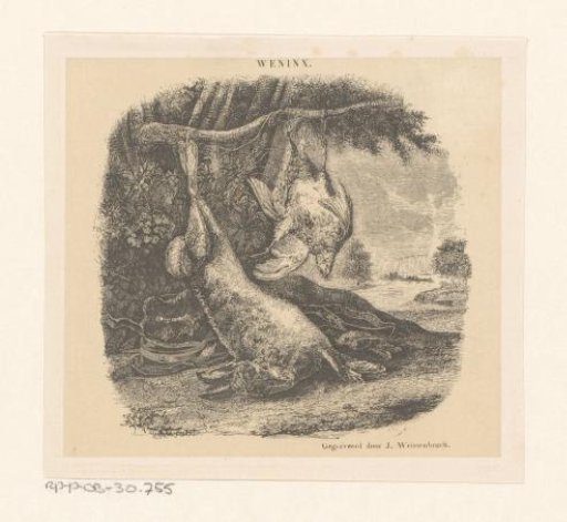 Hunting still life with a hare and poultry in a landscape