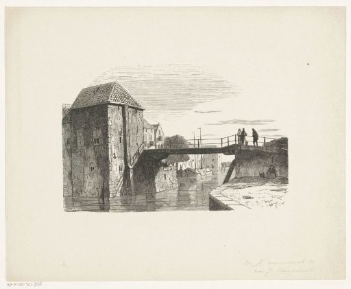City view with figures on a bridge