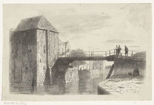 City view with figures on a bridge