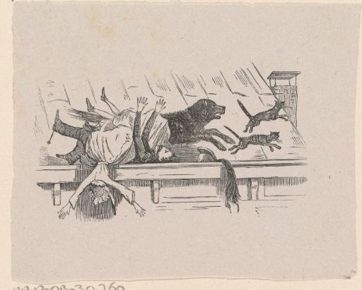 Man and woman on a roof ridge knocked over by a dog chasing two cats