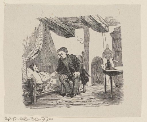 Interior with a seated man holding the hand of a man in bed