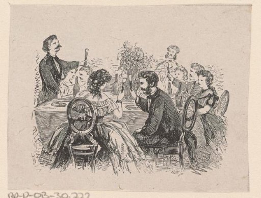 Company around a table toasting each other