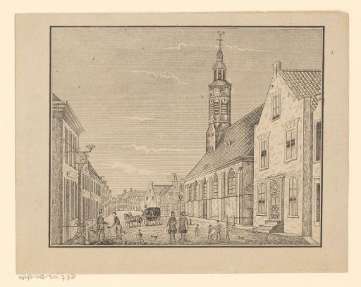 City view with a church and a horse-drawn carriage