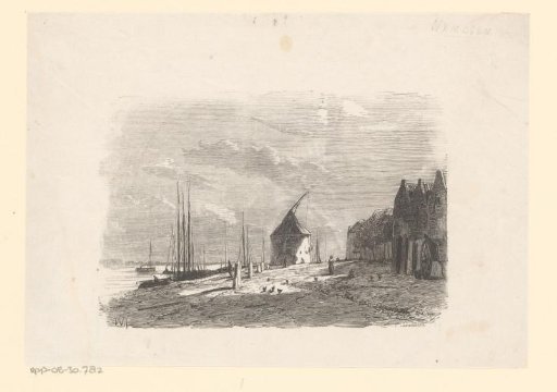 Beach view with houses by the water and ships