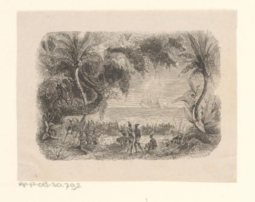 Beach with palm trees and dark figures with spears looking at ships in the distance
