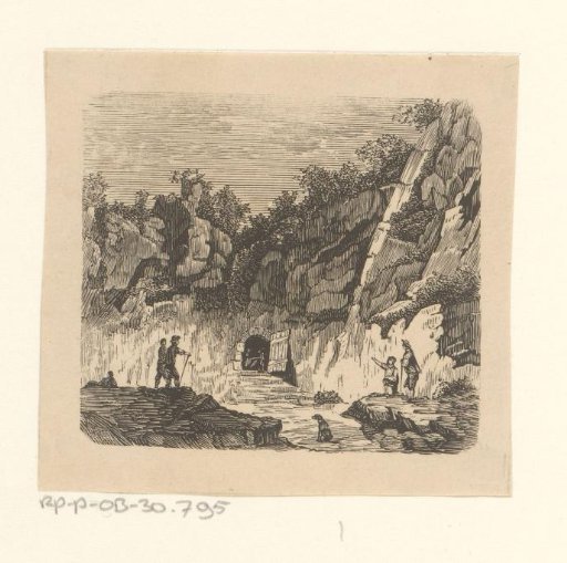 Figures and a dog at an open door in a mountainside