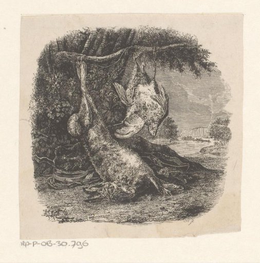 Hunting still life with a hare and poultry in a landscape