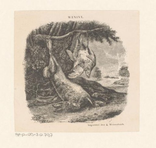 Hunting still life with a hare and poultry in a landscape