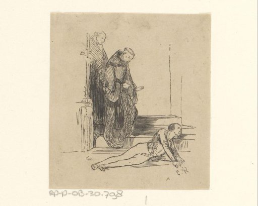 Two monks looking at a man lying on the ground