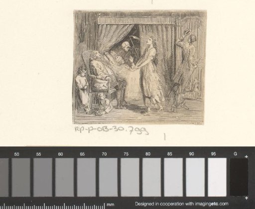Interior with several figures and a man in bed visited by Death