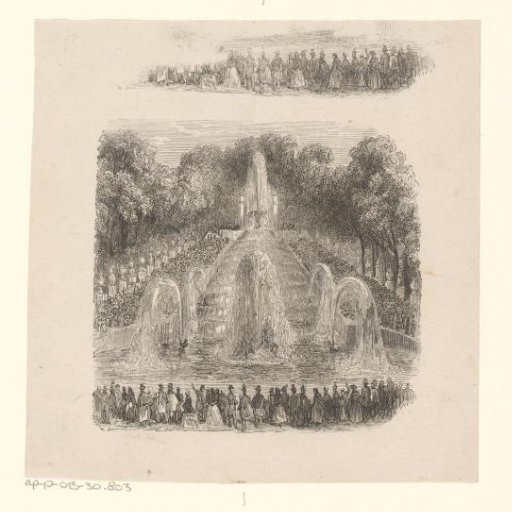 Men and Women Looking at a Large Multi-Storeyed Fountain