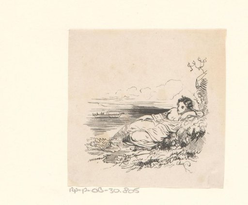Reclining Half-Naked Woman with a Ship in the Background
