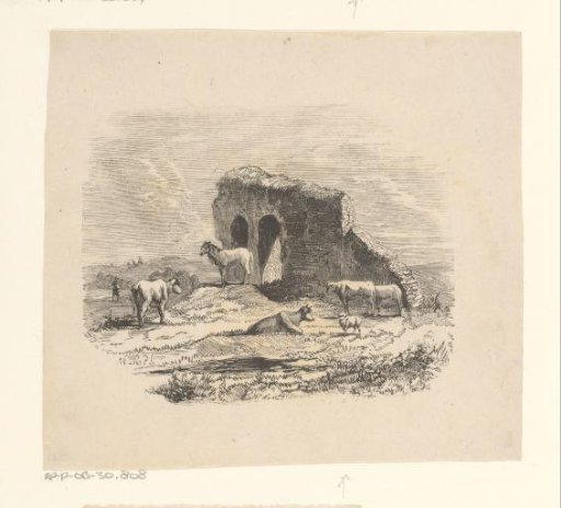 Cows, a Horse and a Sheep by a Ruin