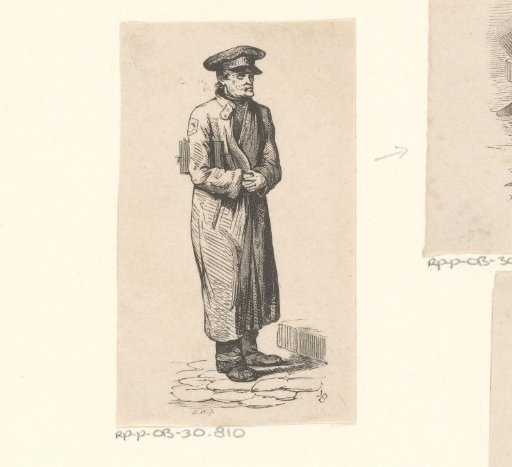 Standing Man with a Long Coat, a Cap and an Object Under His Arm
