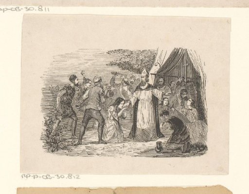 Armed Figures Kneeling Before a Cleric with a Mitre