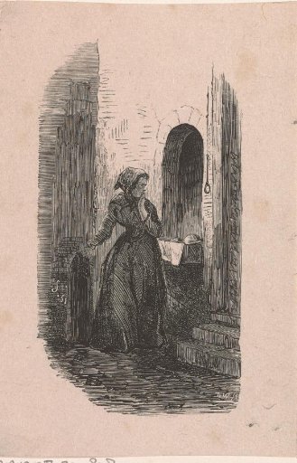 Young Woman Hesitating Before a Closed Front Door