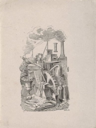 Letter I and Several Objects from the Nineteenth Century, Including a Gear and a Steam Locomotive