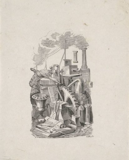 Letter I and a number of objects from the nineteenth century, including a gear wheel and a steam locomotive