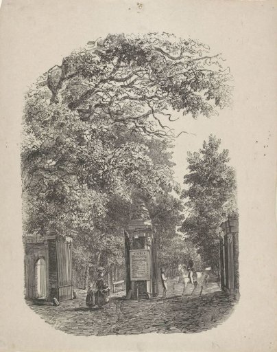 Figures at an entrance gate with a list of rates on it