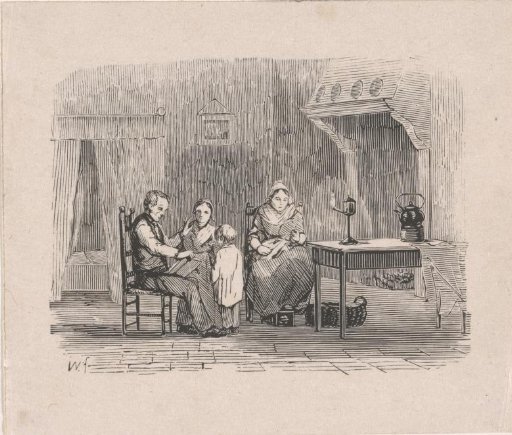 Interior with a father reading to his family