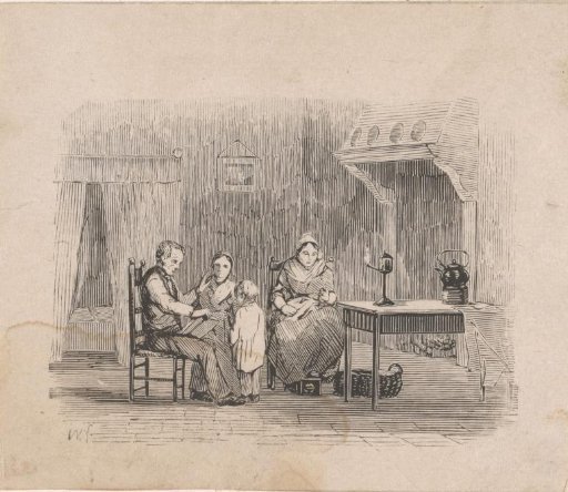 Interior with a father reading to his family