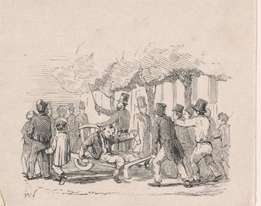 Drunkard on a wheelbarrow pushed by a group of men on the street