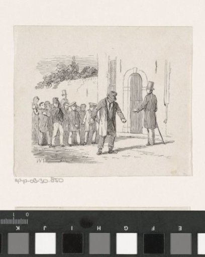Man pointing at a drunkard before a group of children on the street