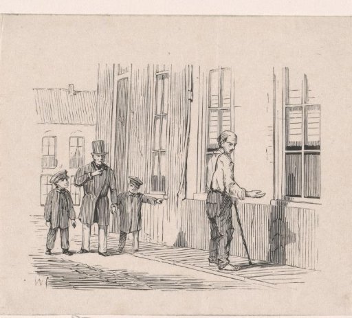 Father with two children pointing at a beggar on the street