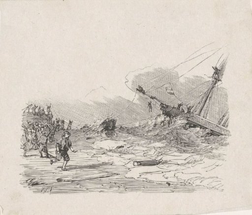 Ship in a storm with ropes held by men on the shore