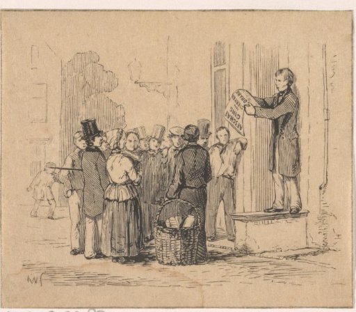 Man proclaiming the abolition of strong drinks to a group of figures on the street