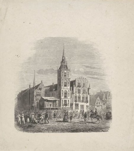 Dam in Amsterdam in the Middle Ages with a figure on a podium before a large audience